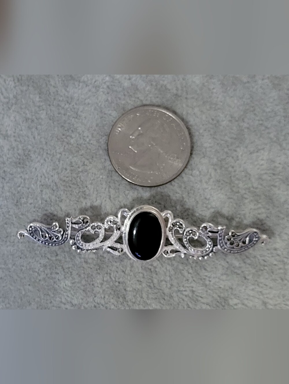 Vintage 925 Sterling Silver Black Onyx & Marcasite Filigree Bar Brooch Pin 2¾"